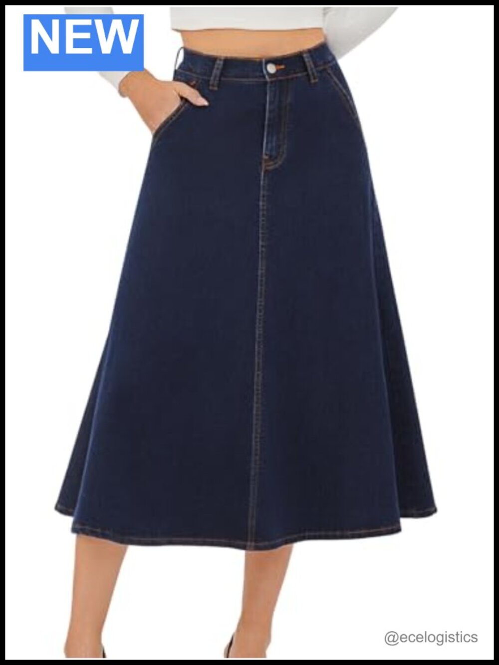 High Waisted A-Line Denim Maxi Skirt with Pockets Stretchy